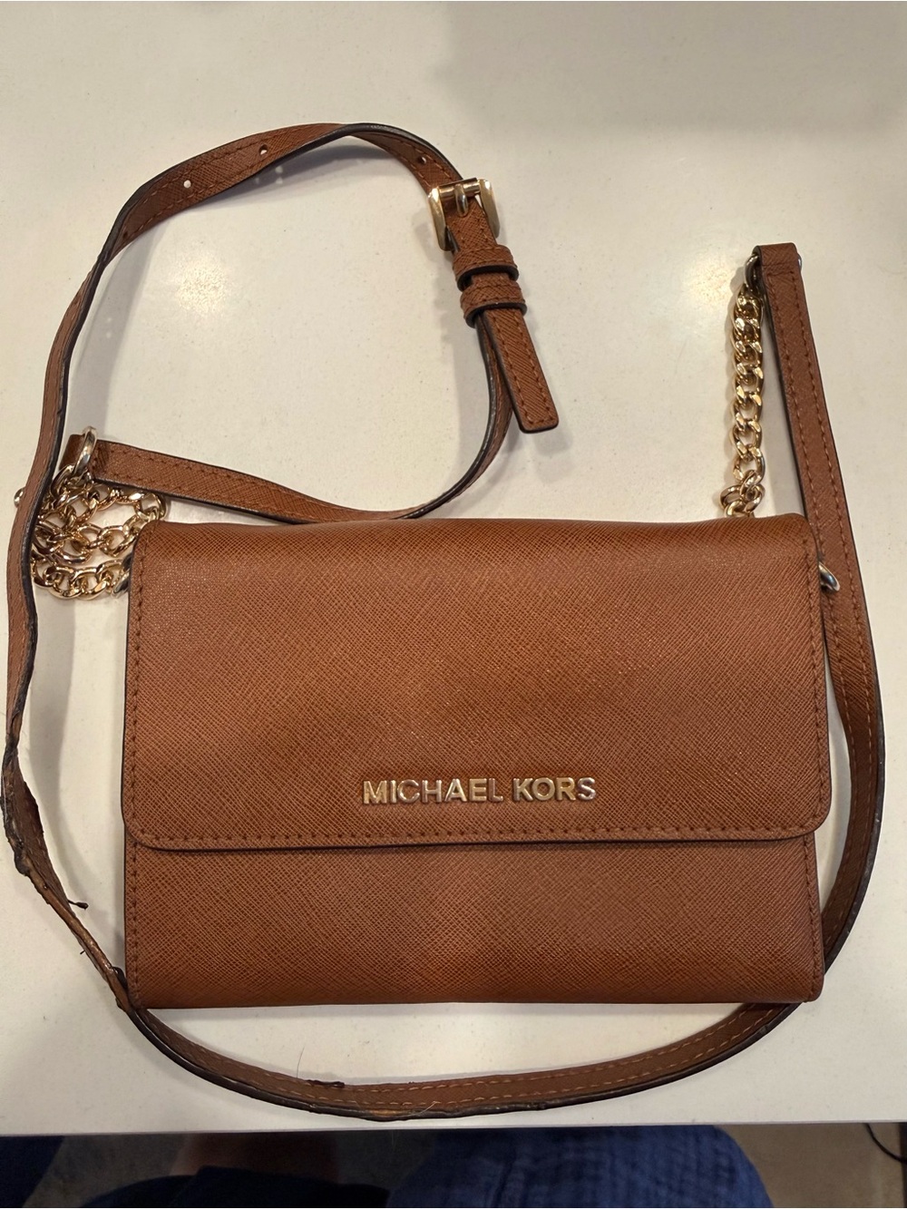 Michael Kors Tan Crossbody Wallet with Gold Chain